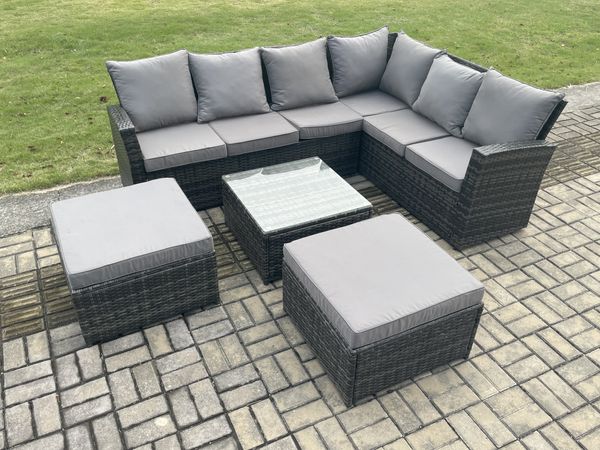 Fimous 8 Sitzer Gartenmöbel-Set aus Rattan Hoher Rücken Rattan Ecksofa Set mit 2 Großer Hockern Quadratischer Couchtisch
