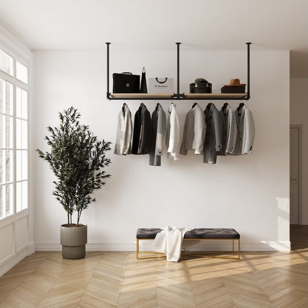 RSR Hangers Garderobenstange Kleiderstange Garderobe "DIEK II" mit Kiefernholablage Deckenmontage