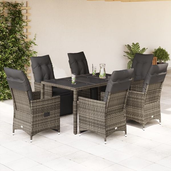 vidaXL 7-tlg. Garten-Bistro-Set mit Kissen Grau Poly Rattan 3276896