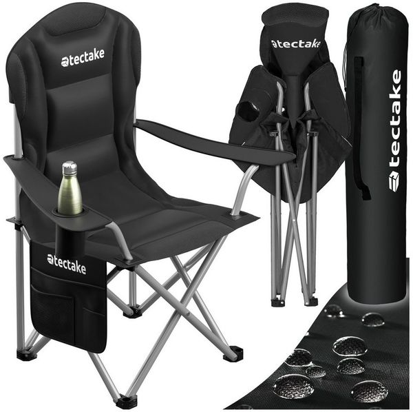 tectake Campingstuhl Gepolsterter Gartenstuhl, Belastbarkeit 120 kg, 88,5 x 55 x 103 cm (Outdoor Klapptstuhl MTX für Außen in Schwarz, 1 St), wasserabweisendes 600D Oxford-Gewebe, faltbar, inkl. Tragetasche
