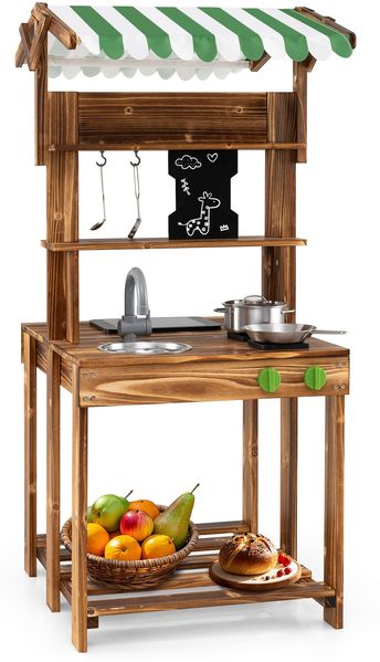Kinder Matschküche mit Dach & Schultafel & Spüle & Wasserhahn Doppelseitige Spielküche