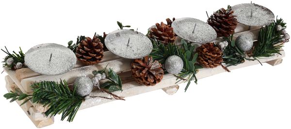 Adventsgesteck HWC-M12 mit Kerzenhaltern, Adventskranz Weihnachtsdeko Holz silber weiß 18x49x13cm ~ ohne Kerzen