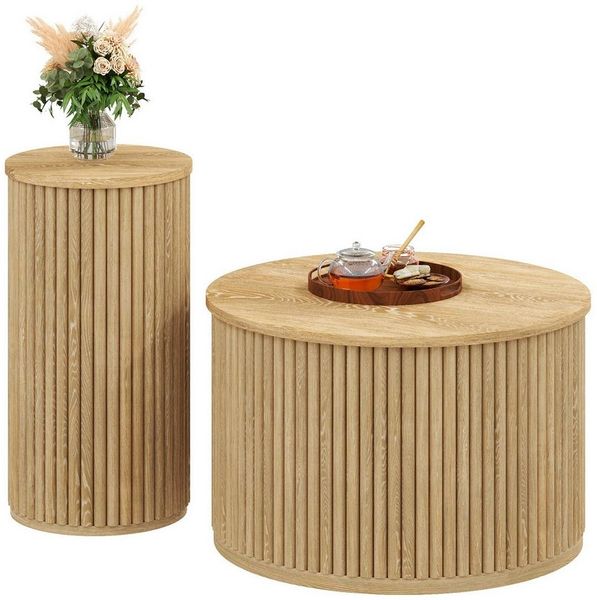 BlingBin Couchtisch Beistelltisch Wohnzimmertisch (1-St, Doppelter runder Tisch), 60 x 60 x 38,5 cm + 30 x 30 x 56 cm, Natur