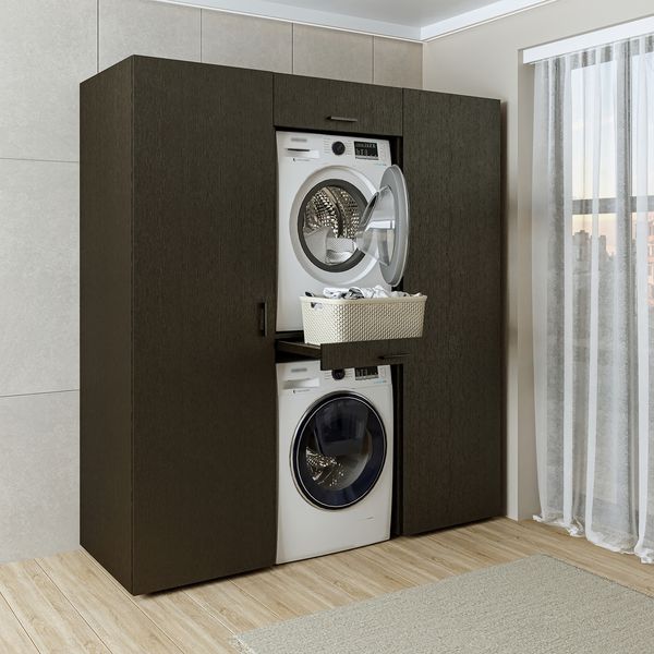 Roomart DUO I Schrankwand 187 cm – Waschmaschine & Trockner, Soft-Close | • Schwarz-Eiche