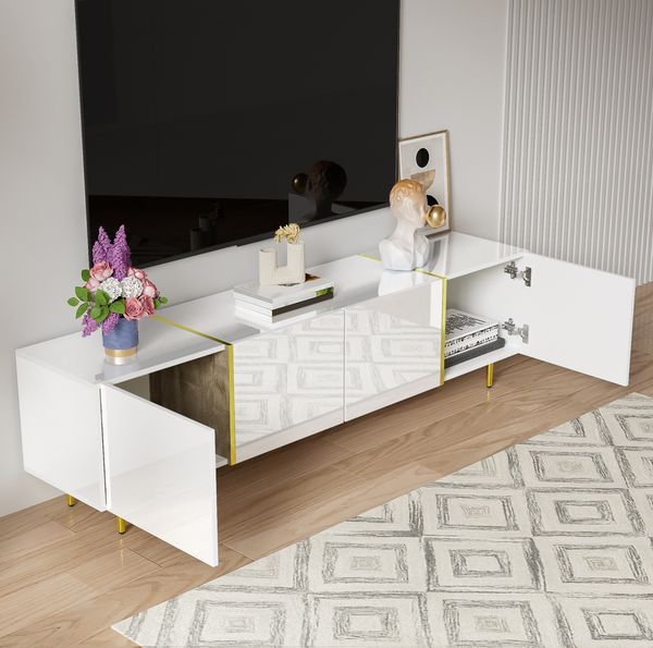 Moderner Hochglanz-TV-Schrank in Weiß mit 4 Türen und goldenen Akzenten, 170 x 35 x 46 cm