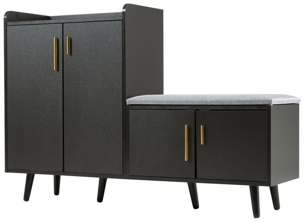 OKWISH Schuhbank Schuhschrank, ausgestattet mit vier Aufbewahrungstüren (Schuhbank mit Holzmaserung und asymmetrischen Metallgriffen – 4 Aufbewahrungstüren, gepolsterte Sitzfläche, stilvoll und funktional, 1-St), mit Sitzbank, verstellbare Böden, asymm...