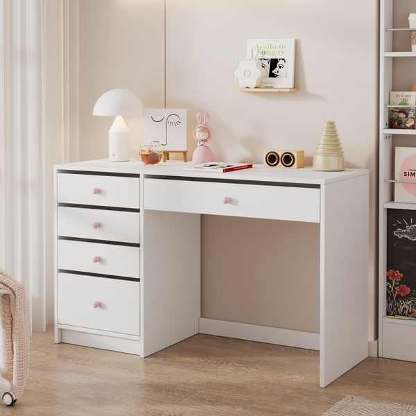 Merax Schreibtisch, schlichter Kinderschreibtisch, zeitloser Computertisch/Dressingtable, mit 5 Aufbewahrungsschubläden, rosa Keramikgriffen, für jedes Alter geeignet, weiß