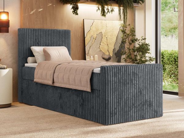 Bett mit Matratze, Boxspringbhett TILIANO DUO 90, Einzelbett 90 x 200 cm, Multipocket-Matratze 7-Zonen-Taschenfederkern - Grau Cordstoff - H4 - Links - Topper Visco