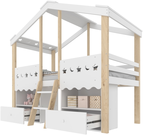 Kinderbett 90x200 cm Hausform Weiß + Natur, Hochbett für Kinderzimmer mit LED-Beleuchtung, 2 Schubladen, Stauraum, Leiter Bild 7