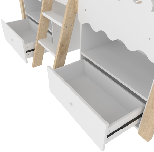 Kinderbett 90x200 cm Hausform Weiß + Natur, Hochbett für Kinderzimmer mit LED-Beleuchtung, 2 Schubladen, Stauraum, Leiter Bild 10