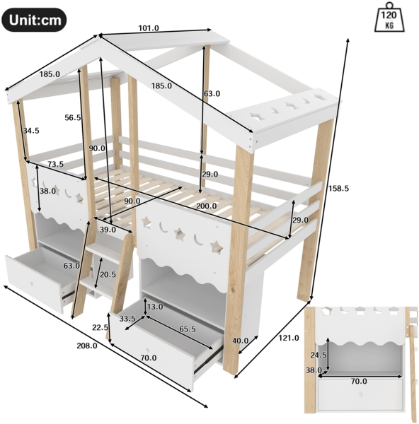 Kinderbett 90x200 cm Hausform Weiß + Natur, Hochbett für Kinderzimmer mit LED-Beleuchtung, 2 Schubladen, Stauraum, Leiter Bild 6