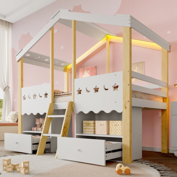 Kinderbett 90x200 cm Hausform Weiß + Natur, Hochbett für Kinderzimmer mit LED-Beleuchtung, 2 Schubladen, Stauraum, Leiter Bild 4