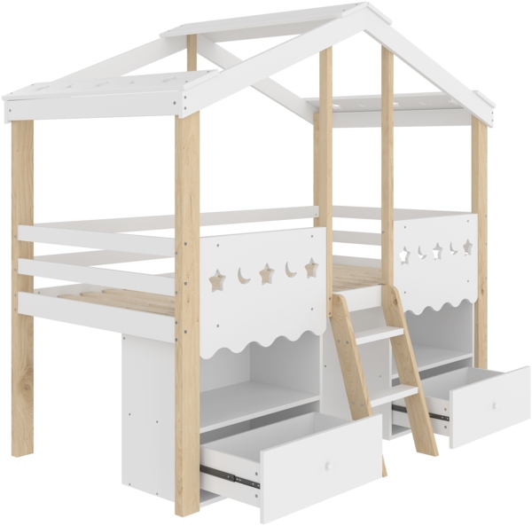 Kinderbett 90x200 cm Hausform Weiß + Natur, Hochbett für Kinderzimmer mit LED-Beleuchtung, 2 Schubladen, Stauraum, Leiter Bild 8