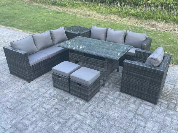 Fimous 9 Sitzer Outdoor Gartenmöbel Set Terrassen Sessel Rattan Rechteckiger Esstisch mit Beistelltisch 2 Kleiner Hocker Dunkelgrau gemischt
