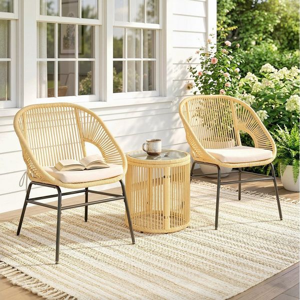 Outsunny Sitzgruppe mit 2 Gartenstühlen, Glastisch, waschbaren Kissen, (Gartenmöbel-Set, 3-tlg, Rattan Bistroset), für Garten, Terrasse, Beige