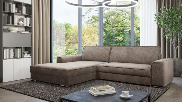 Ecksofa mit Schlaffunktion SANTIAGO Stoff Gusto Braun Ottomane Links