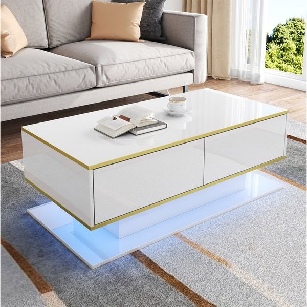 Merax Couchtisch hochglanz Sofatisch Beistelltisch mit LED-Beleuchtung (1-St), Wohnzimmertisch mit 3 Schubladen, Stauraum & Goldakzenten, 100x50x40cm
