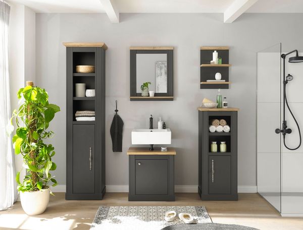 OTTO home Badmöbel-Set WESTMINSTER, Bad im Landhausstil, 5-teiliges Badezimmer, (5-St), Unterschrank, Spiegel, Midischrank, Regal, Hochschrank, Breite 200 cm