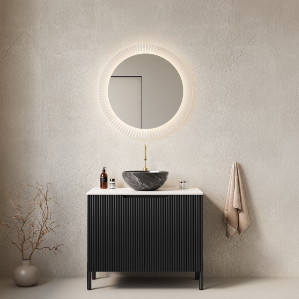 Badezimmer-Waschtisch, Freistehender mit Schwarze Schüssel Becken mit Steinmuster Arbeitsplatte aus Weißem Gesintertem Carrara-Stein Gestreifter Schrank mit Doppeltüren, MDF/Keramik/Sinterstein, Schwarz, 76cm