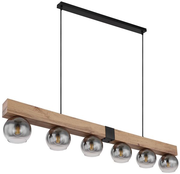 Hängeleuchte Holzoptik, Metall schwarz, 6x E27, H 120 cm
