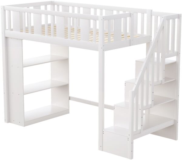 Merax Hochbett 90 x 200 cm, Kinderbett, Jugendbett, Holzbett mit Stauraumtreppe, Hochbett mit mehreren großen Staufächern, Funktionsbett, Weiß Bild 9