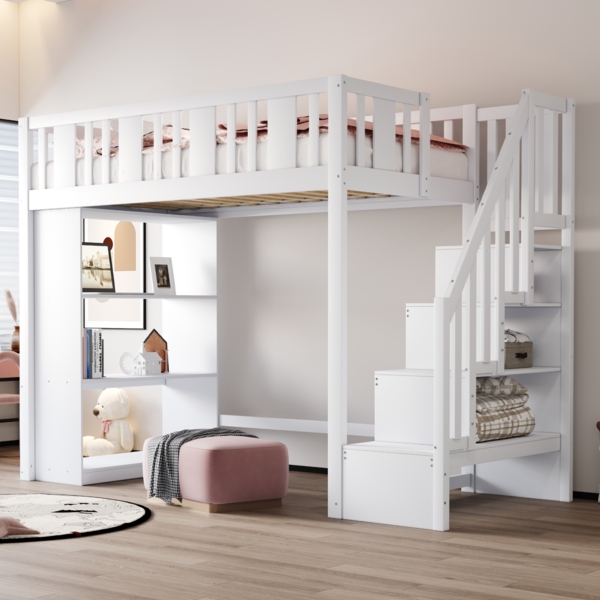 Merax Hochbett 90 x 200 cm, Kinderbett, Jugendbett, Holzbett mit Stauraumtreppe, Hochbett mit mehreren großen Staufächern, Funktionsbett, Weiß