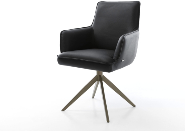 Drehstuhl Heira-Flex mit Armlehnen Echt-Leder Schwarz Kreuzgestell breit Effektfinish Titan 360° drehbar Wippfunktion Taschenfederkern