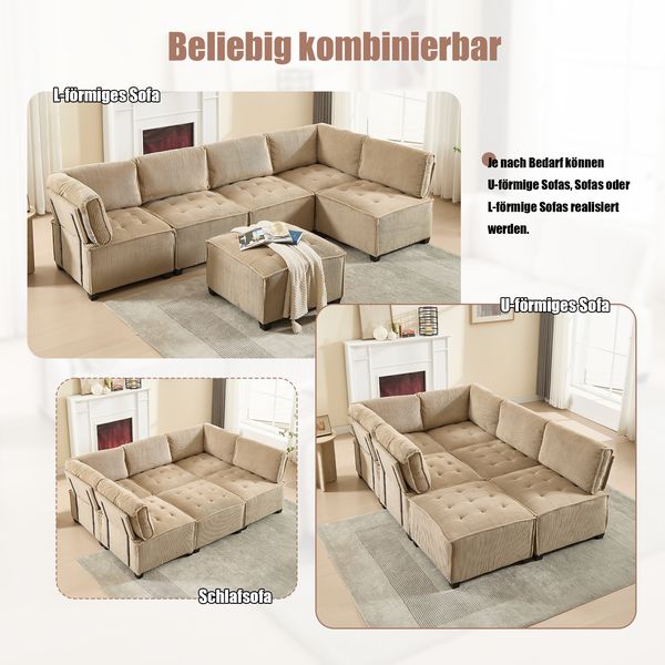 LVHOM Modulares Sofa U Form 308 x 82 x 154 cm, 6-Sitzer mit Schlaffunktion, Modular Cord Ecksofa, umwandelbares Schaumstoffsofa, Sofagarnitur, Khaki Bild 3
