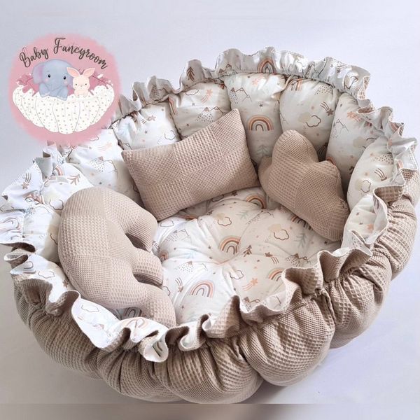 Baby Fancyroom Bettnestchen 2in1 Spielmatte Nestchen Babynestchen Babynest Kuschelnest, (4-tlg. Set mit 3 Motivkissen, dicke Spielmatte Krabbeldecke Spieldecke Kuschelnest), Handmade with Love