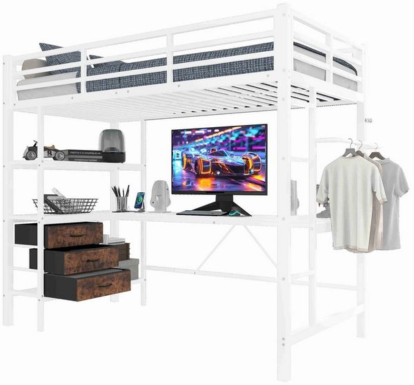 BlingBin Hochbett (1-St, mit LED-Licht, USB, Schreibtisch & Stauraum) 90x200 cm, Schwarz/Weiß, MDF + Metall, Wäscheständer
