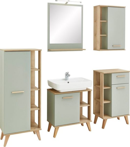 Saphir Badmöbel-Set Quickset 5-teilig, Waschbeckenunterschrank mit LED-Spiegel, (5-St), Unterschrank, Hängeschrank, Midischrank, inkl. Türdämpfer, 4 Türen