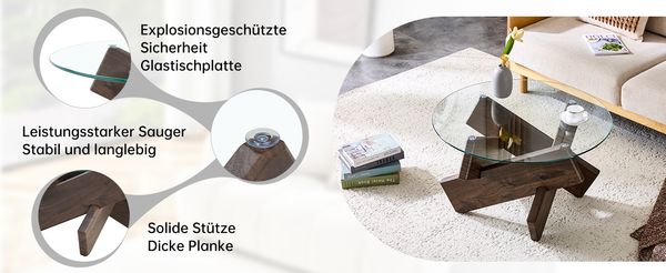 Couchtisch 79x79x45 cm, MDF mit Walnussdekor & 0,8 cm gehärtete Glastischplatte, kreuzförmige Stütze Bild 10