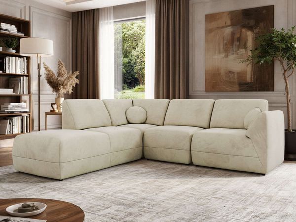 Modulares Ecksofa NOARA 5M, L-Form Eckcouch mit Wellenfederung, freistehendes Ecksofa, Modernes Design - Beige Velvet - Links