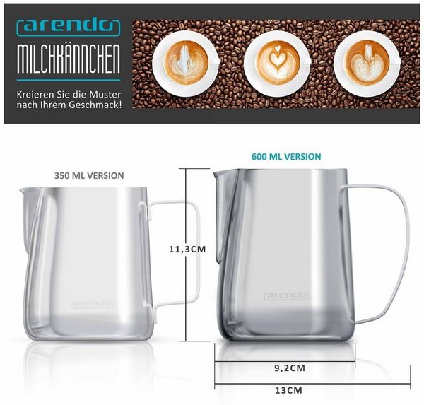 Arendo Milchkännchen, 0,6 l, Edelstahl, mit Messskala, Milchkanne zum Aufschäumen von Milchschaum