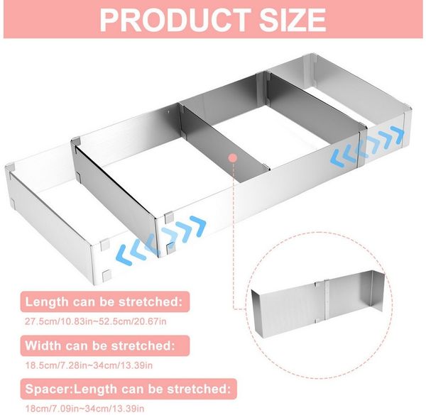 BlingBin Backrahmen Rechteckig Verstellbar, Tortenring Eckig mit Teiler, Spatel & Tüllen, Edelstahl, (19er Set, 1 tlg, 19 Stück), 5cm Hohe Backform, 28-53cm x 18-34cm Kuchenform für Backen