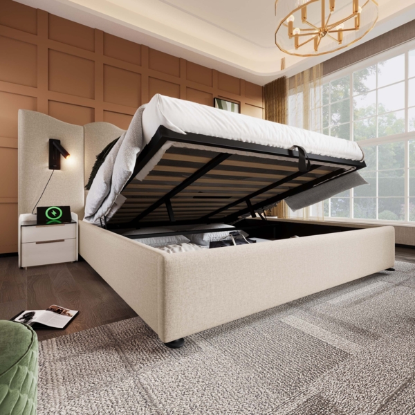 Polsterbett 180x200 cm aus Leinen mit Stauraum, Leselampe und USB- und Type-C-Anschlüssen