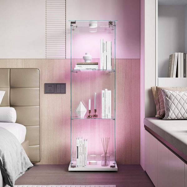 FUROKOY Glasvitrine Standvitrinen, Vitrine aus gehärtetem Glas (Set, 1-St, Vitrinenschrank mit 1 Glastür und Beleuchtung für Sammler, Bücher) Weiß 3 Lagen Sammlervitrine