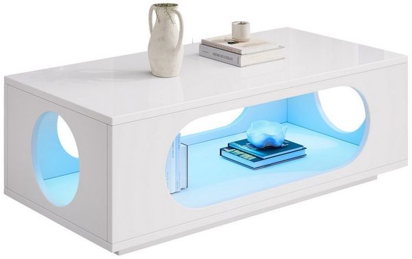 Merax Couchtisch hochglanz Sofatisch Beistelltisch mit LED-Beleuchtung & APP Steuerung (1-St), Wohnzimmertisch mit Stauraum und Kabelmanagement, 100x50x35cm