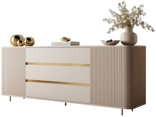 ALLHOUSE24 Kommode MIRACLE Sideboard Sandbeige mit Rillenfronten und abgerundeten Seiten (1x Kommode), Breite 180 cm