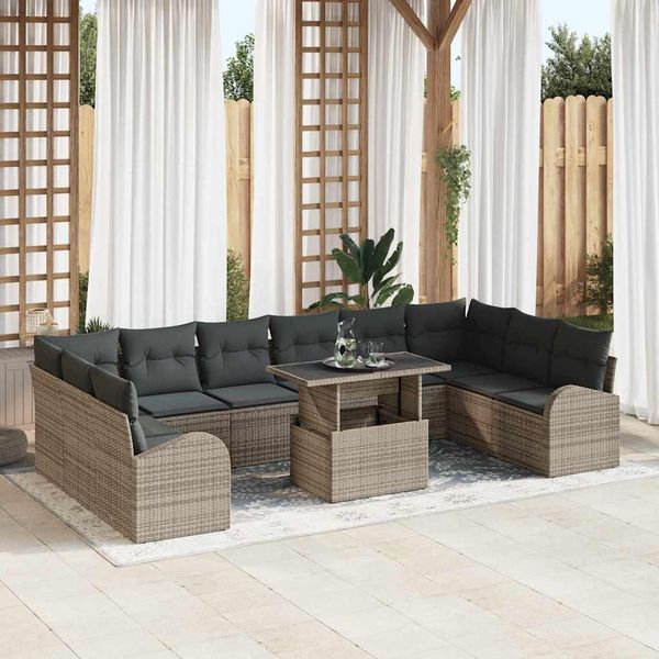 vidaXL Garten-Sofa-Set mit Kissen 11 pcs Grau Poly-Rattan 3348715