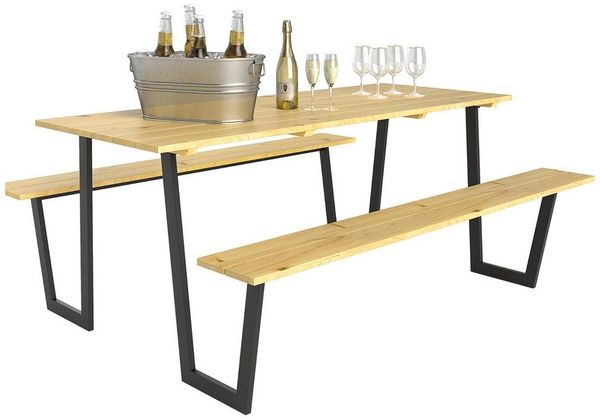 Outsunny Sitzgruppe mit Schirmloch, Biertisch, 2 x Bierbank, (Bierzeltgarnitur, 3-tlg, Bierzeltgarnitur aus Holz), für Balkon, Camping, Garten 175 x 148 x 78 cm Naturholz