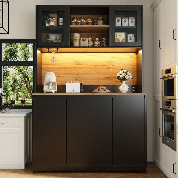 Odikalo Sideboard Küchenschränke Küchen Beistelltische Acryl Tür LED Schubladen Schwarz