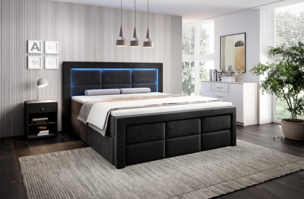 PROMETO Möbel Boxspringbett Schlafbett mit 2 Schubladen Bettkasten 180x200cm LED Beleuchtung (2 Schubladen, Taschenfederkernmatratze 7 Zonen, Topper)