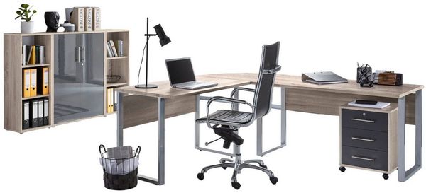 moebel-dich-auf Büromöbel-Set TABOR PRO Set 2, (Aktenschränke abschließbar, 5-tlg, Set 2 Winkelschreibtisch + Rollcontainer + Highboard + Aktenregale), Hochglanz lackierte Fronten, Metallgriffe