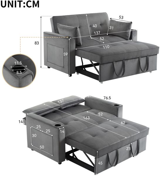 Schlafsofa Samt 3-in-1 verstellbar, 137x76.5x83 cm – Zweisitzer mit ausziehbarer Liege & Getränkehaltern Bild 10
