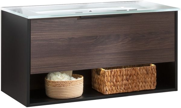 FACKELMANN B.PARIS Waschbecken mit Unterschrank 90 cm breit, Braun Dunkel/Schwarz, Waschbecken Glas Weiß