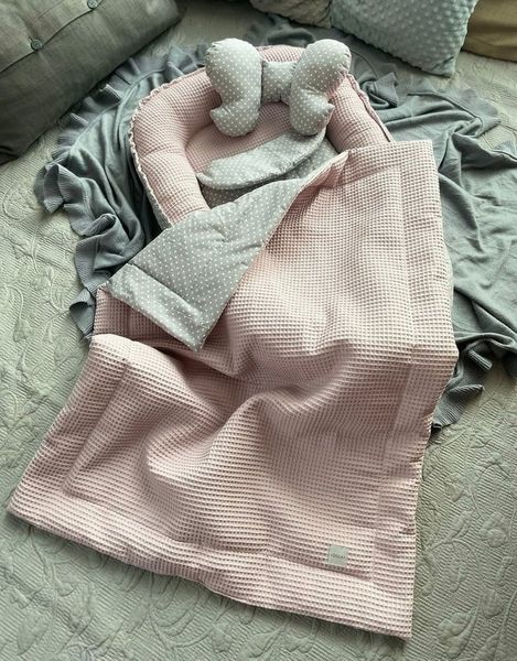 Loolay Bettnestchen WAFFELPIQUE Baumwolle BABYNEST Babykokon Neugeborene Babyaustattung, (Reisebett Nestchen SOLO/ o. in Geschenk SETS, 4-tlg, 4 Jahreszeiten ATMUNGSAKTIVER ROSA WAFFELSTOFF), 100% Europäische Stoffe und Kleinserien-Handnähen!