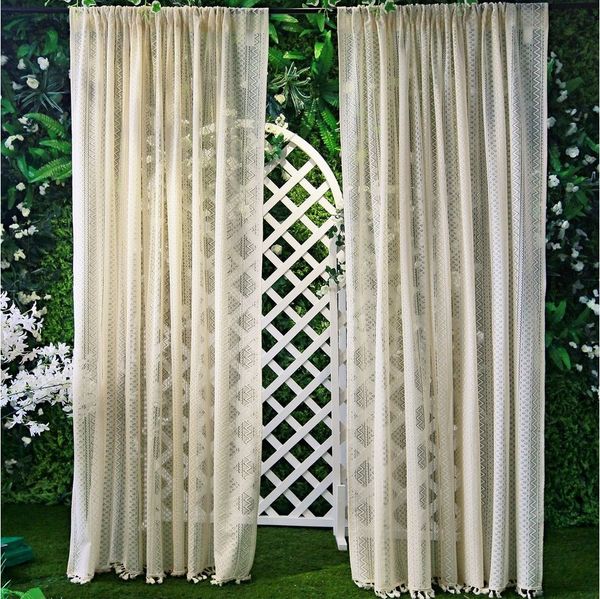Qelus Gardine Vintage Voile Gardinen mit Quasten Stangendurchzug (2 St), Creme halbtransparent für Wohnzimmer und Schlafzimmer