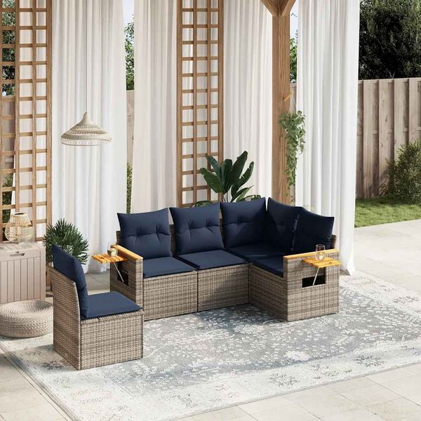 vidaXL 5-tlg. Garten-Sofagarnitur mit Kissen Grau Poly Rattan 3226817