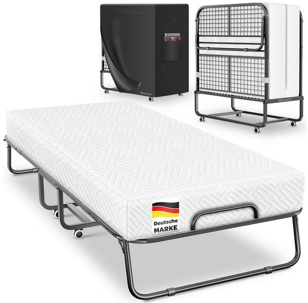 KESSER® Klappbett 200x90cm Gästebett inkl. Matratze aus Memory-Schaum & Rollen | faltbares Reisebett mit Metallrahmen für Erwachsene belastbar bis 250kg | Metallbett mit Schaumstoffmatratze & Cover Weiß, Deluxe Plus